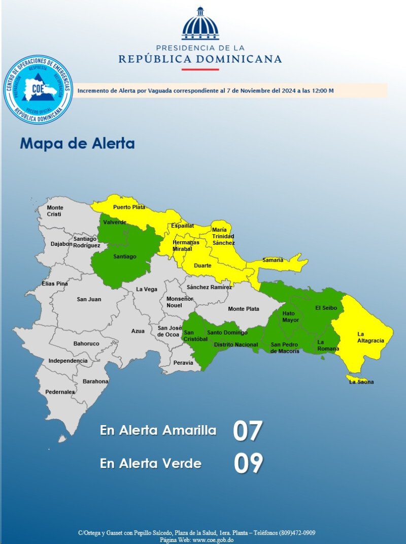 Alerta amarilla para siete provincias y verde para nueve