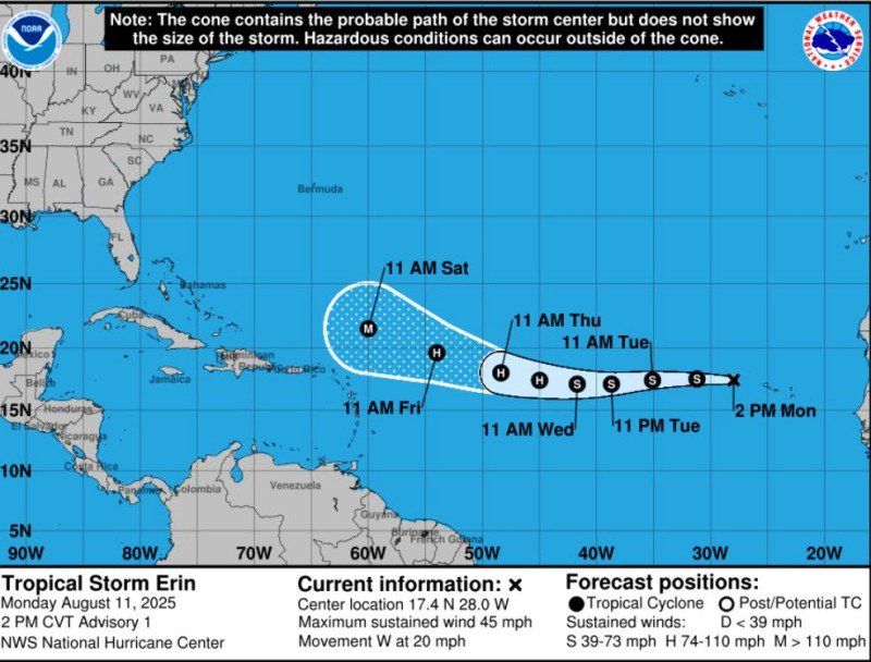 Vigilan trayectoria de tormenta Erin que podría convertirse en huracán