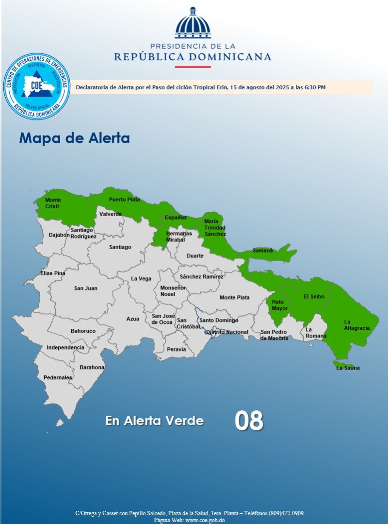 8 provincias en alerta verde por el huracán Erin