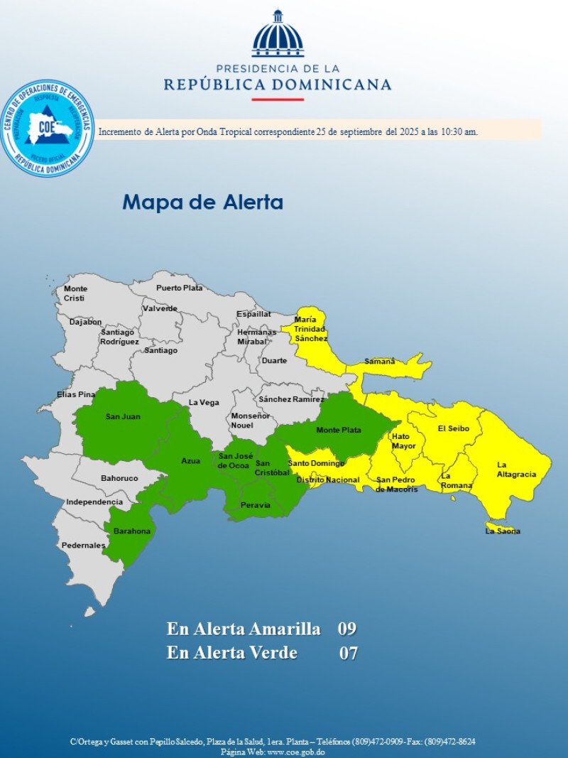Nueve provincias en alerta amarilla y siete en verde por onda tropical