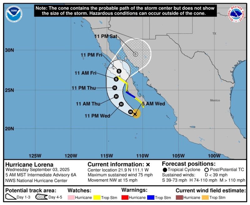 Lorena ya es un huracán categoría 1 y avanza por el Pacífico mexicano