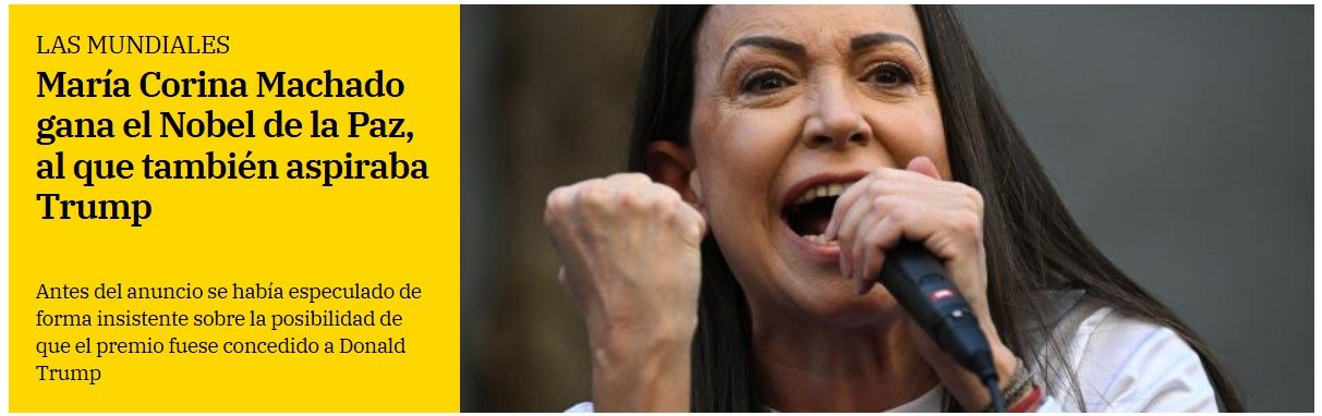 Machado se convierte en la 20ma mujer en ganar el Nobel de la Paz