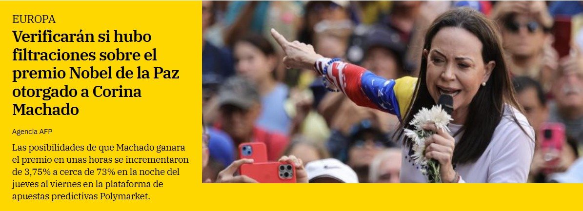 El premio Nobel de la Paz entregado a María Corina Machado por tratar de lograr la libertad en Venezuela
