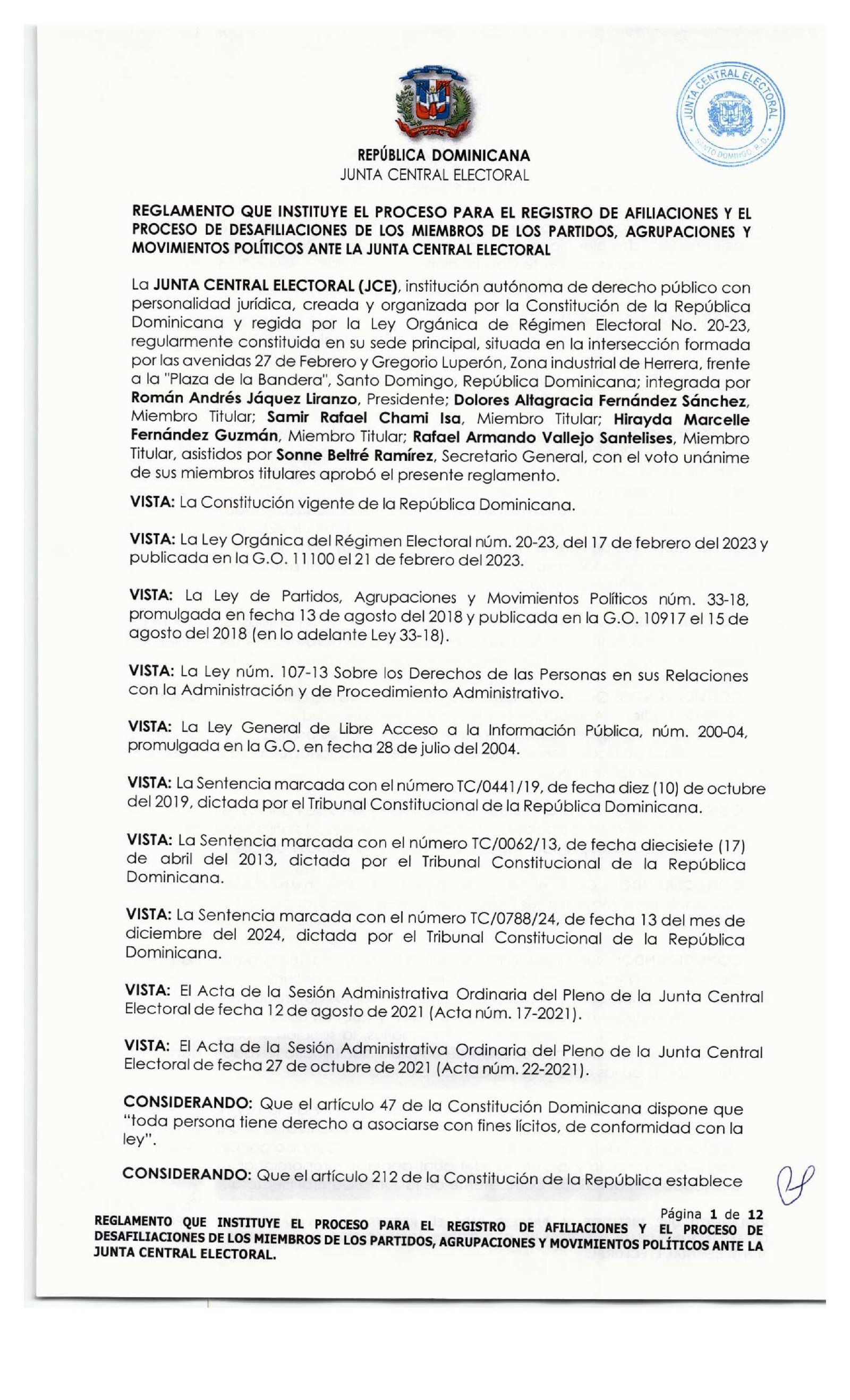 JCE establece reglamento para registro y desafiliación en partidos políticos