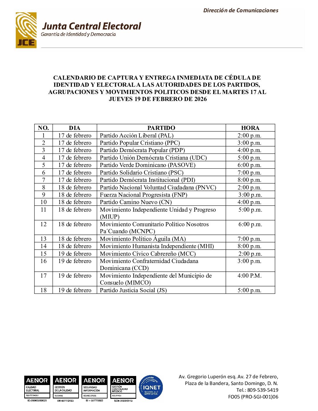 JCE anuncia calendario de entrega inmediata de cédulas a autoridades políticas