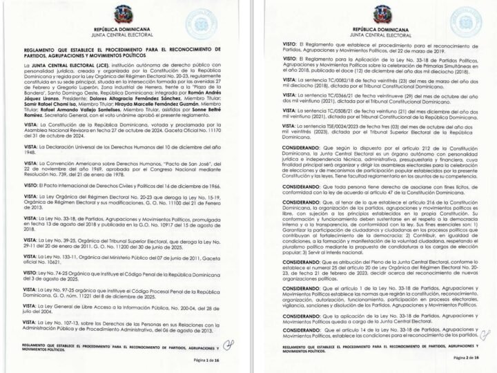 JCE aprueba reglamento para reconocimiento de partidos, agrupaciones y movimientos políticos