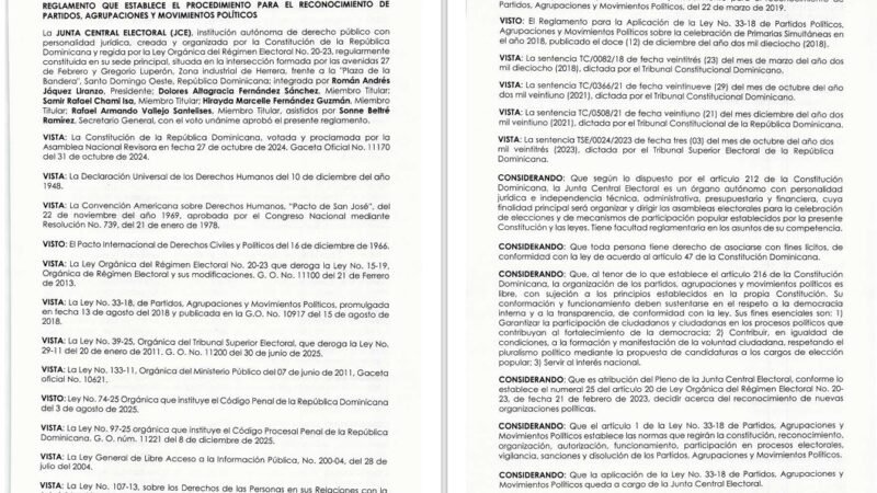 JCE aprueba reglamento para reconocimiento de partidos, agrupaciones y movimientos políticos