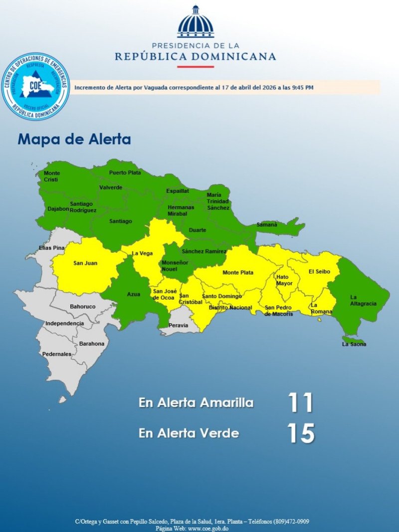 Once provincias en alerta amarilla