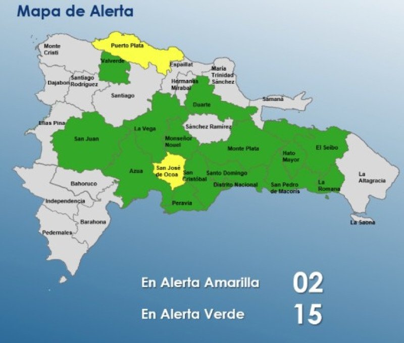 COE mantiene dos provincias en alerta amarilla y 15 en alerta verde