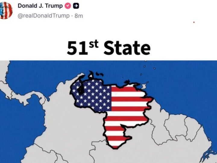 Venezuela se ve en un mapa pintada con la bandera de EEUU como el estado 51º