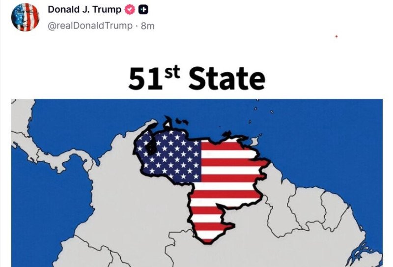 Venezuela se ve en un mapa pintada con la bandera de EEUU como el estado 51º