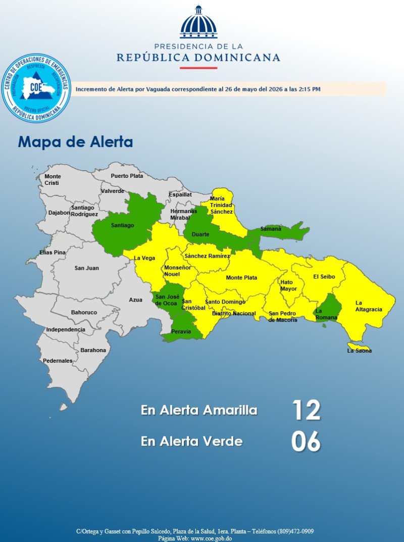 Colocan a 12 provincias en alerta amarilla y 6 en alerta verde