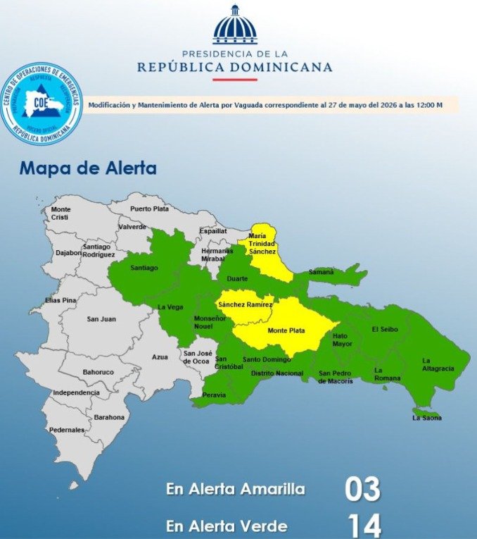 Alerta amarilla para 3 provincias  y 14 en verde por vaguada