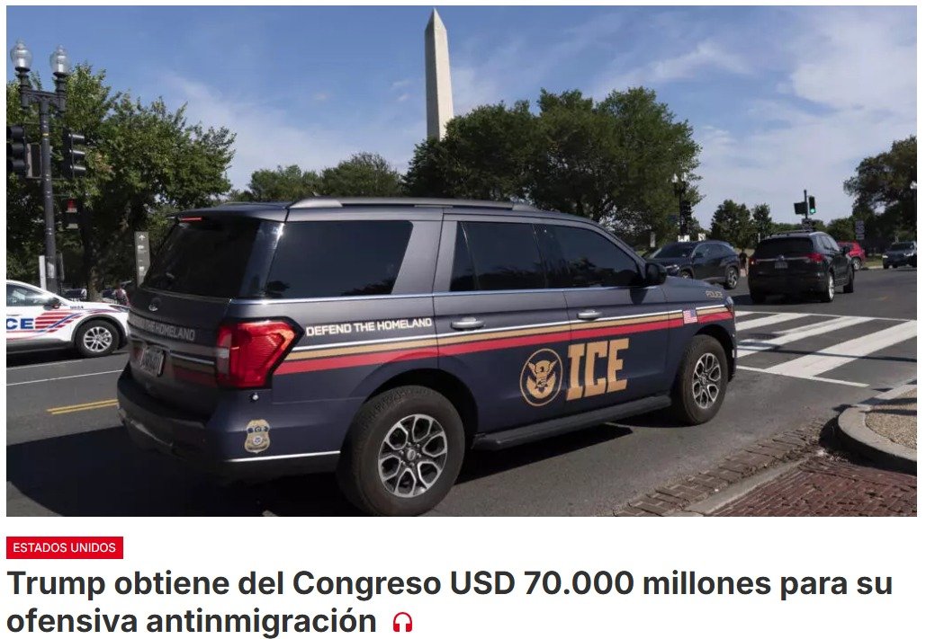 El Congreso de Estados Unidos aprueba un proyecto de ley de 70.000 millones de dólares para la ofensiva migratoria del presidente Donald Trump para el resto de su mandato.
