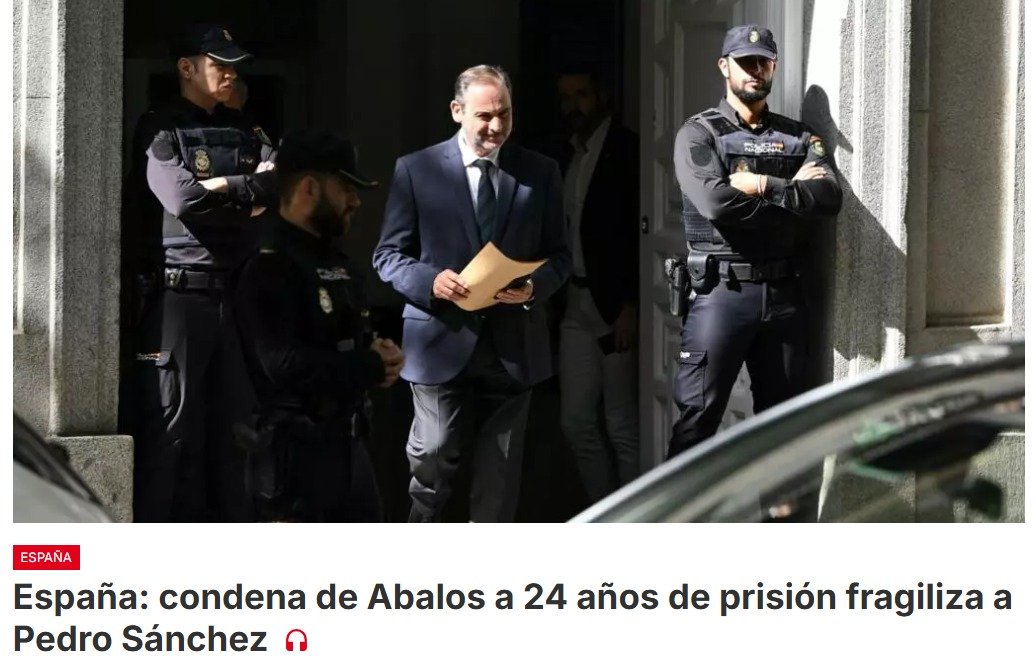Exministro de Transportes José Luis Ábalos condenado a 24 años de cárcel por corrupción, en un fallo que debilitaría al presidente del Gobierno en el tramo final de la legislatura