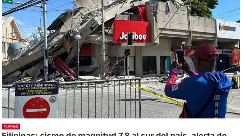 Un potente sismo de magnitud 7,8 sacude este lunes el mar al sur de Filipinas