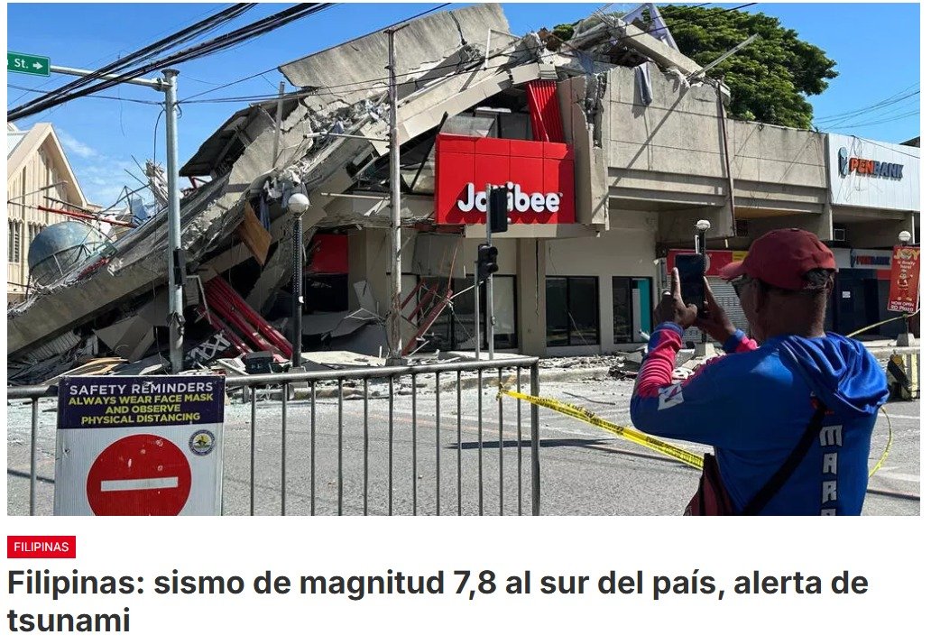 Un potente sismo de magnitud 7,8 sacude este lunes el mar al sur de Filipinas