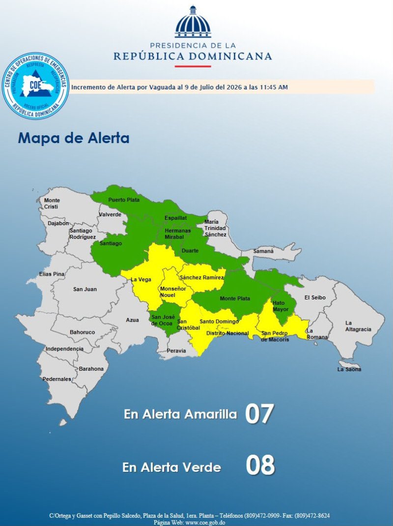 Mas alerta amarilla para el Gran Santo Domingo y otras 5 provincias