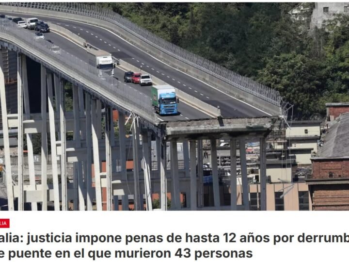 Entre los culpables por el derrumbe del puente Morandi de Génova (noroeste de Italia) en 2018, que mató 43, se encuentran altos exdirectivos de la empresa que administraba la autopista y también un antiguo alto cargo del Ministerio italiano de Infraestructuras y Transportes