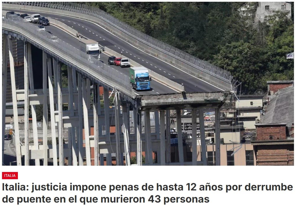 Entre los culpables por el derrumbe del puente Morandi de Génova (noroeste de Italia) en 2018, que mató 43, se encuentran altos exdirectivos de la empresa que administraba la autopista y también un antiguo alto cargo del Ministerio italiano de Infraestructuras y Transportes