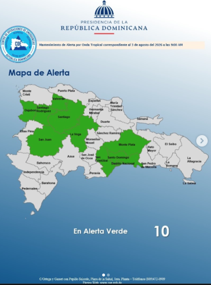 Nueve provincias y Distrito Nacional en alerta verde por onda tropical y vaguada en RD
