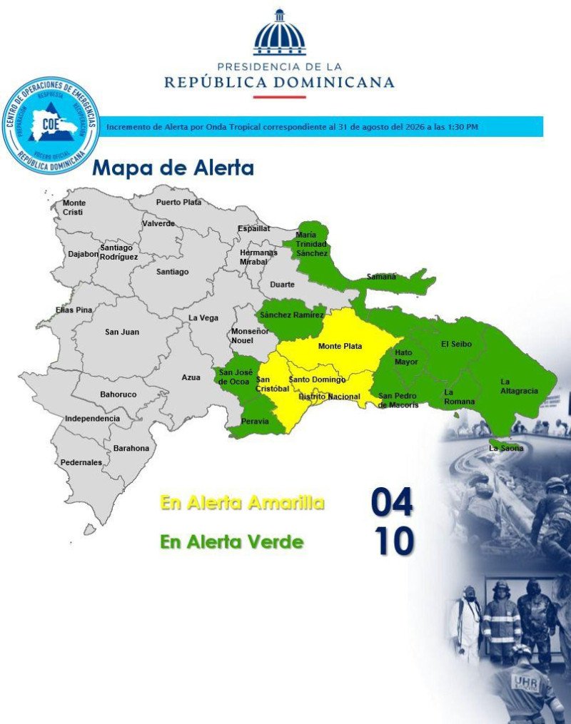 El COE eleva a cuatro las provincias en alerta amarilla y mantiene diez en verde por onda tropical