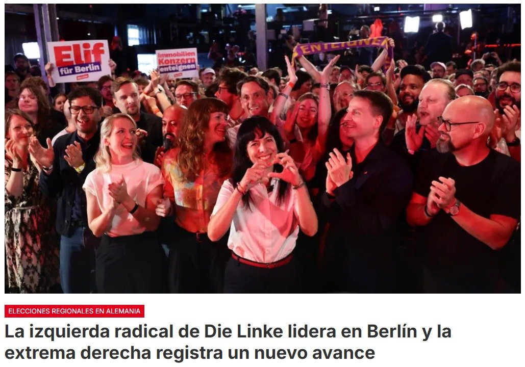 Die Linke lidera los sondeos a pie de urna en Berlín tras las elecciones regionales, con entre un 24,5 % y un 26 % de los votos, por delante de la CDU, que obtiene un 20 %.