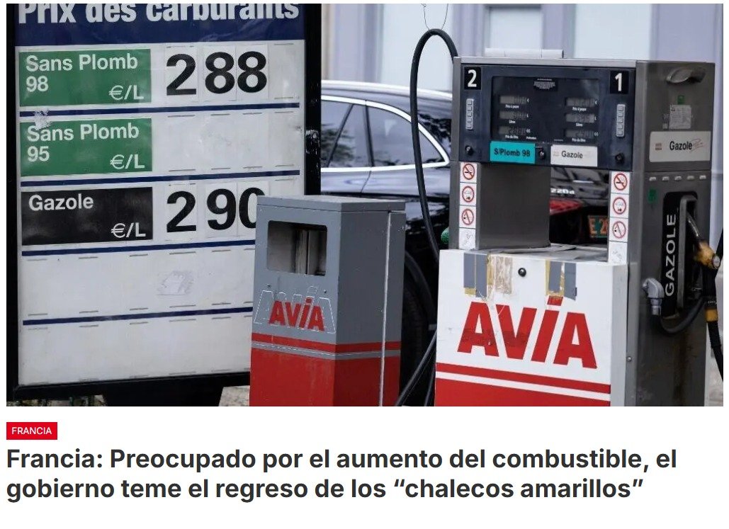 El precio del diésel en Francia alcanza un récord histórico, con un promedio de 2,41 euros por litro. Lo mismo ocurre con los precios de la gasolina