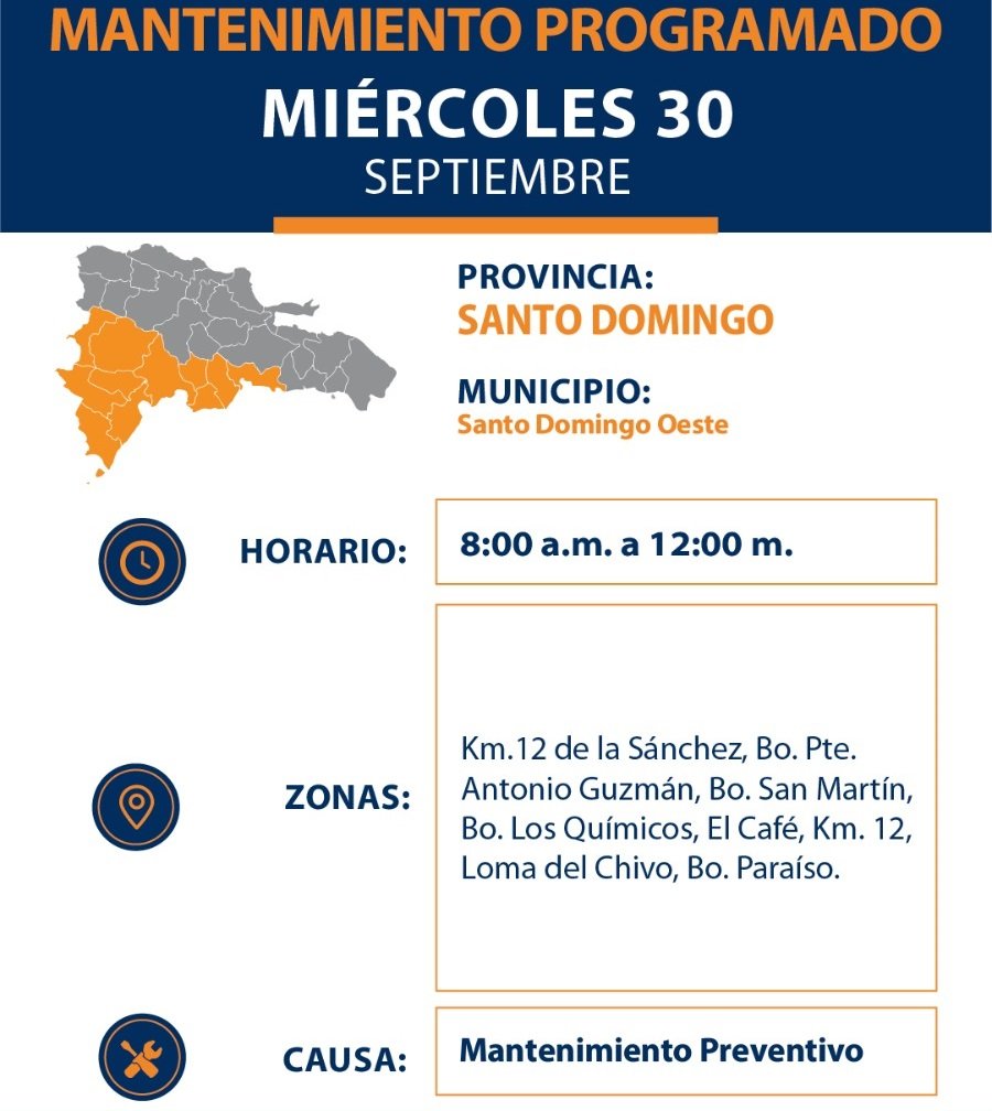 EDESUR realizará mantenimiento programado en sectores de Santo Domingo Oeste este miércoles 30 de septiembre