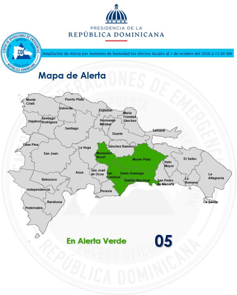 Alerta verde están el Gran Santo Domingo, San Cristóbal, Monseñor Noel y Monte Plata por lluvias