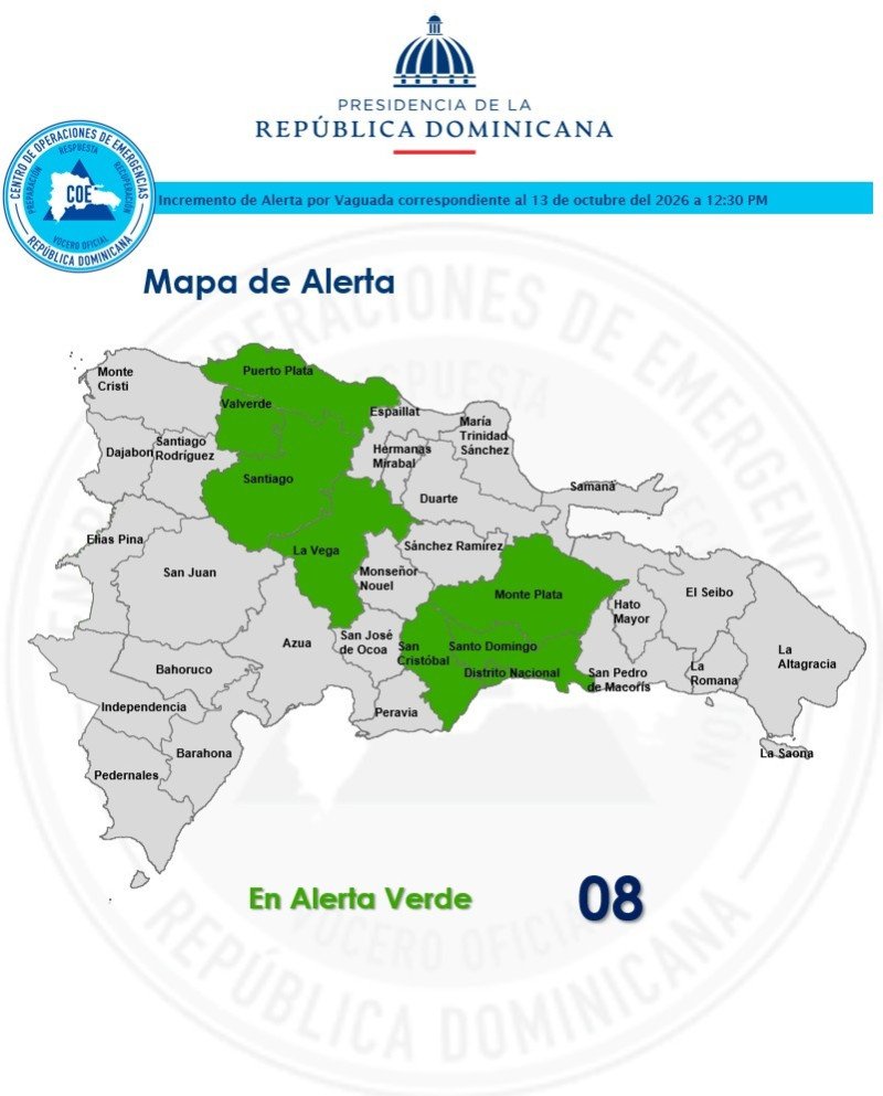 COE amplía alerta verde a siete provincias y el Distrito Nacional por lluvias