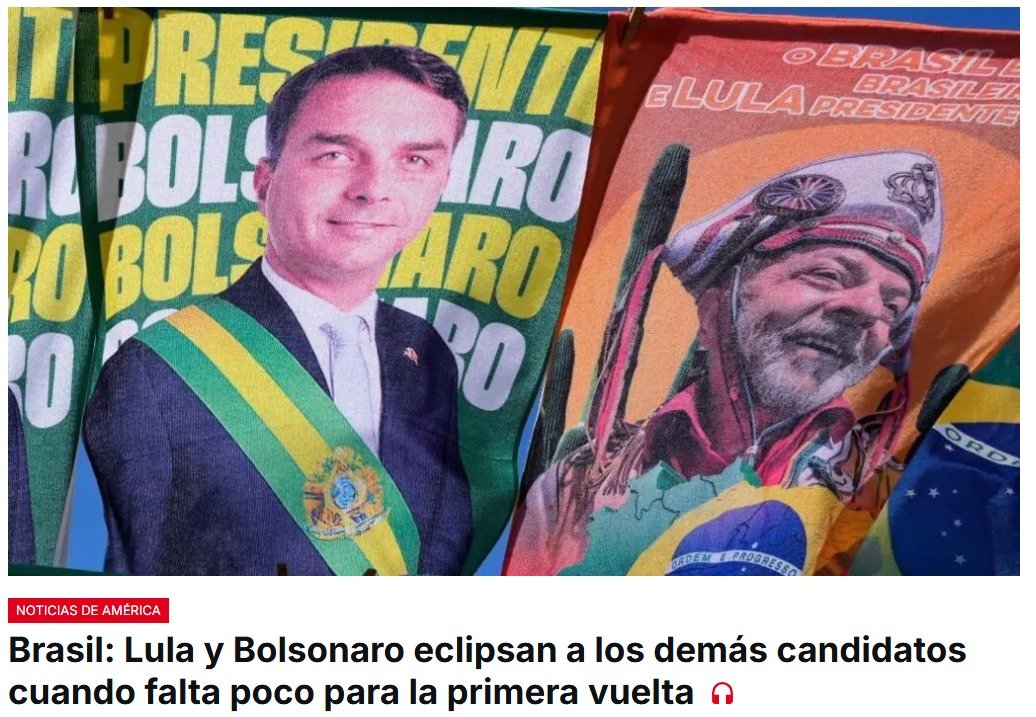 En Brasil, las encuestas apuntan a un empate entre el líder de la izquierda Luiz Inácio Lula da Silva y el candidato de la extrema derecha, Flávio Bolsonaro, de darse la segunda vuelta