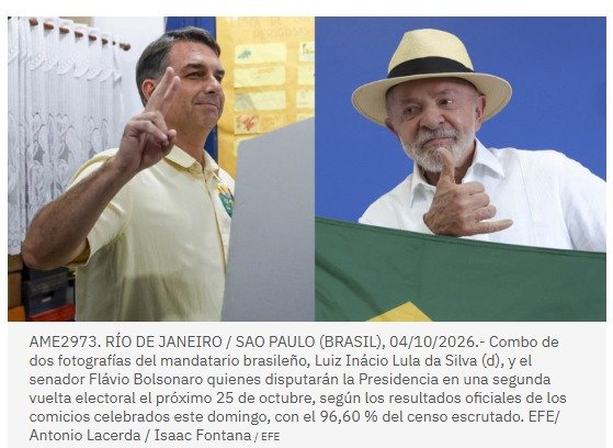 Lula y Flávio Bolsonaro disputarán la Presidencia de Brasil en segunda vuelta